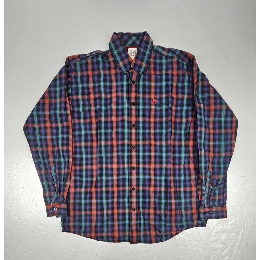 Cinch Button Down Shirt Mens Medium Maroon Blue Plaid Casual Western Wear L/S